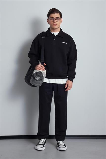 Erkek Oversize Düğmeli Polo Yaka Sweatshirt Siyah