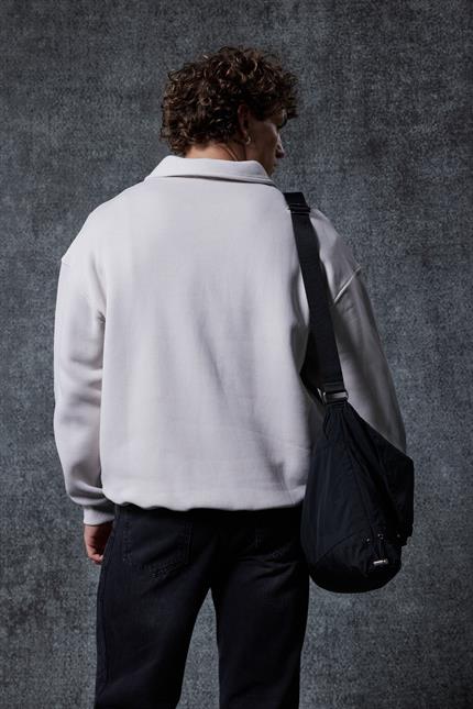 Erkek Oversize Düğmeli Polo Yaka Sweatshirt Gri