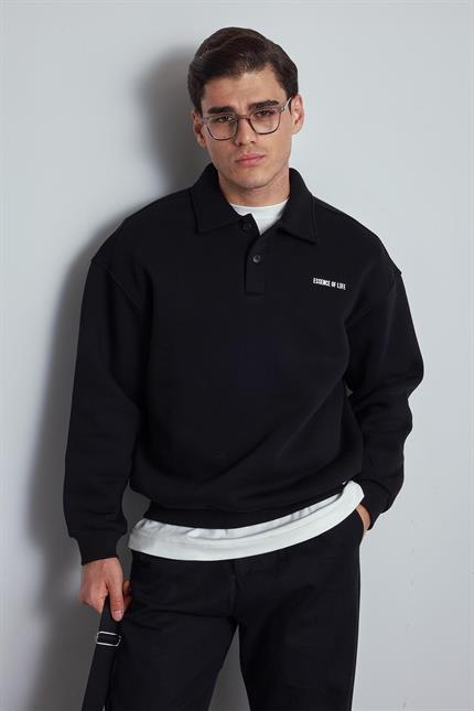 Erkek Oversize Düğmeli Polo Yaka Sweatshirt Siyah