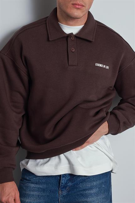 Erkek Oversize Düğmeli Polo Yaka Sweatshirt Kahverengi