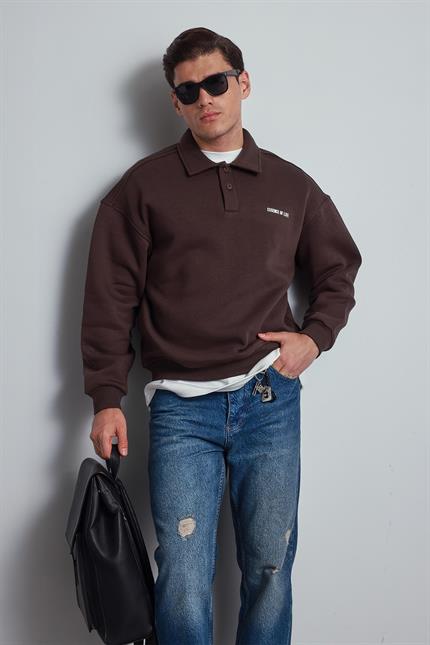 Erkek Oversize Düğmeli Polo Yaka Sweatshirt Kahverengi
