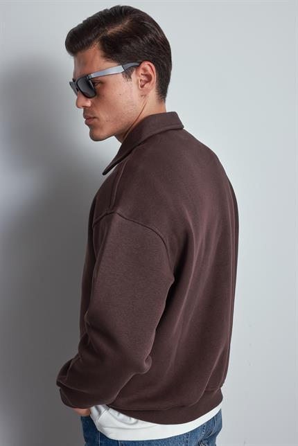 Erkek Oversize Düğmeli Polo Yaka Sweatshirt Kahverengi