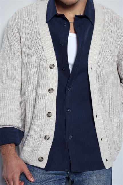Erkek Oversize Düğmeli Triko Hırka Bej