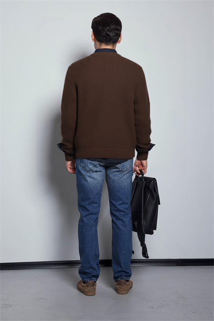 Erkek Oversize Düğmeli Triko Hırka Kahverengi