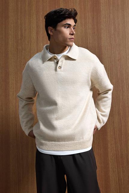 Erkek Oversize Düğmeli Triko Kazak Bej