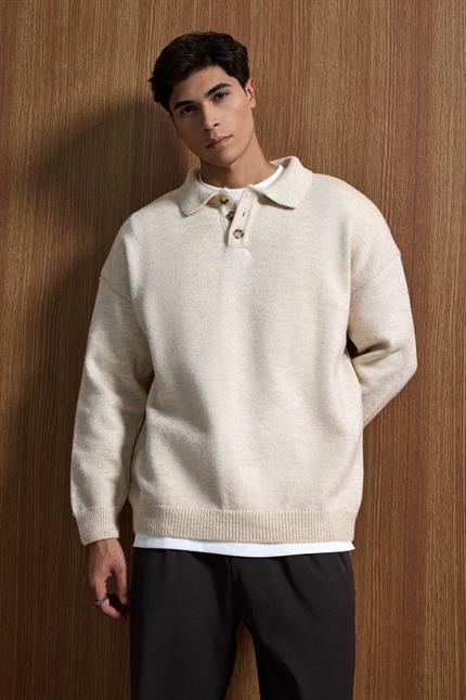 Erkek Oversize Düğmeli Triko Kazak Bej