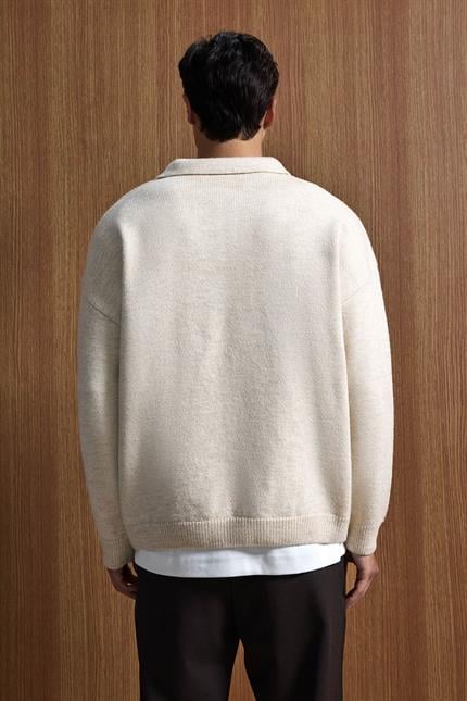 Erkek Oversize Düğmeli Triko Kazak Bej