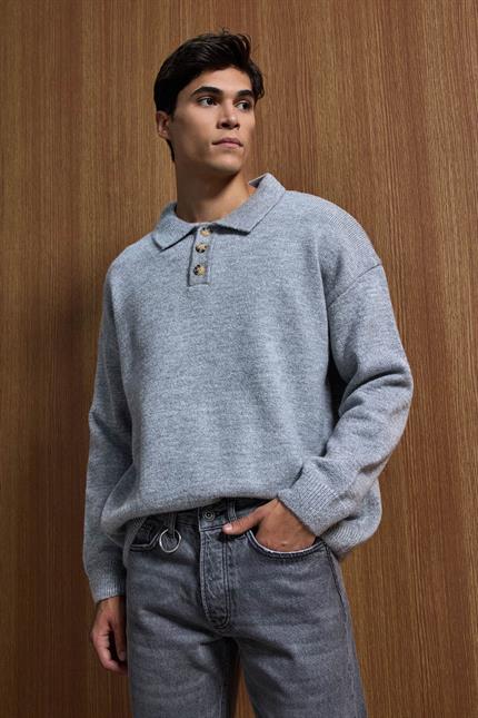Erkek Oversize Düğmeli Triko Kazak Gri