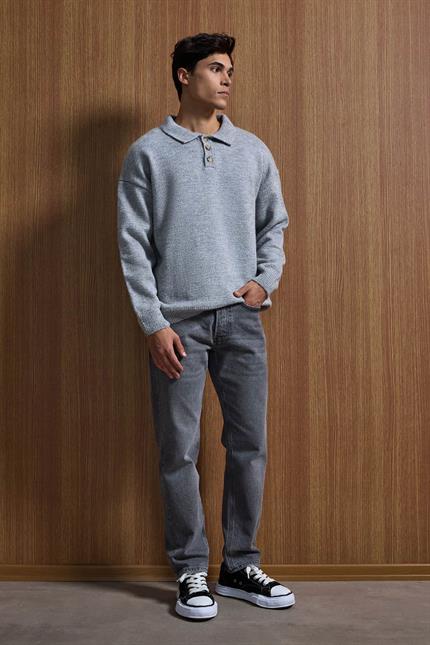 Erkek Oversize Düğmeli Triko Kazak Gri