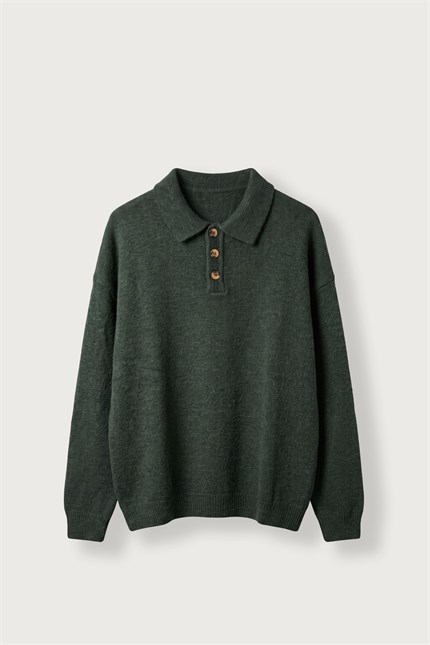 Erkek Oversize Düğmeli Triko Kazak Haki
