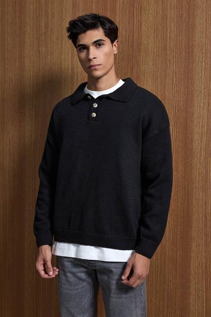 Erkek Oversize Düğmeli Triko Kazak Siyah