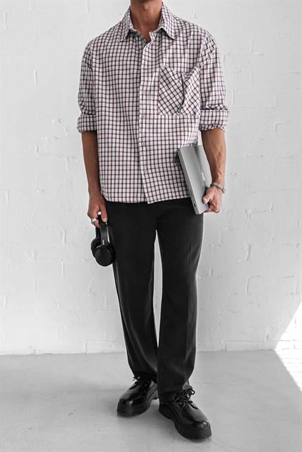 Erkek Oversize Ekose Baskılı Gömlek Açık Gri