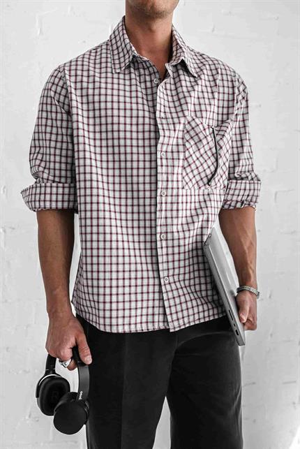 Erkek Oversize Ekose Baskılı Gömlek Açık Gri