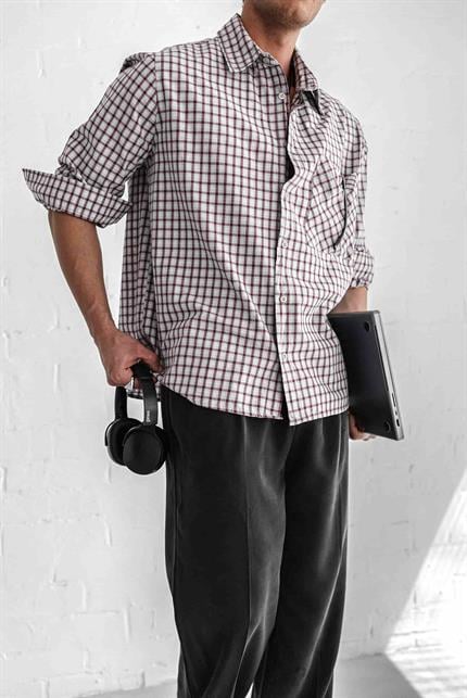 Erkek Oversize Ekose Baskılı Gömlek Açık Gri