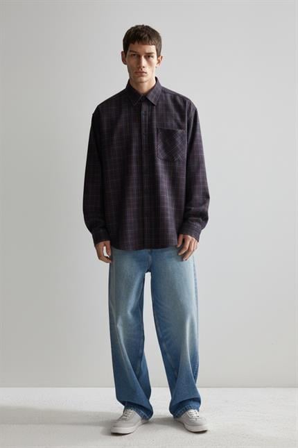 Erkek Oversize Ekose Baskılı Gömlek Antrasit