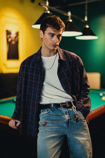 Erkek Oversize Ekose Baskılı Gömlek Antrasit