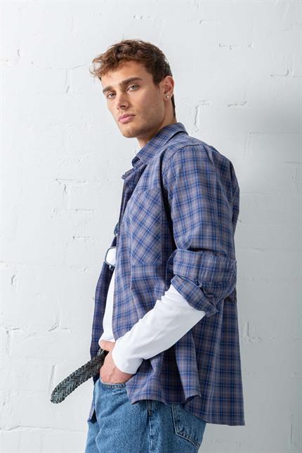 Erkek Oversize Ekose Baskılı Gömlek Mavi