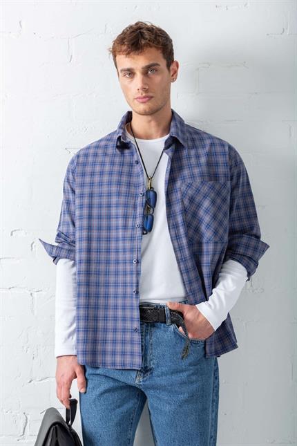Erkek Oversize Ekose Baskılı Gömlek Mavi