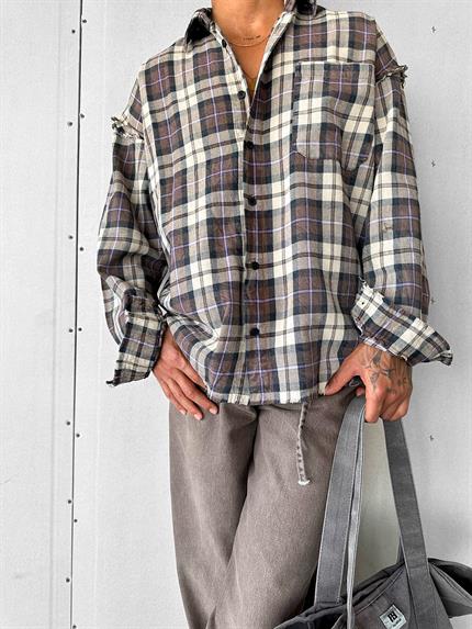 Erkek Oversize Ekose Çizgili Kareli Cepli Uzun Kollu Gömlek Kahverengi