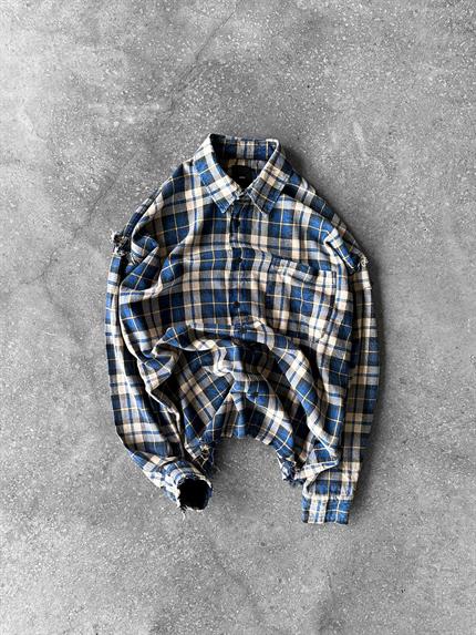 Erkek Oversize Ekose Çizgili Kareli Cepli Uzun Kollu Gömlek Mavi