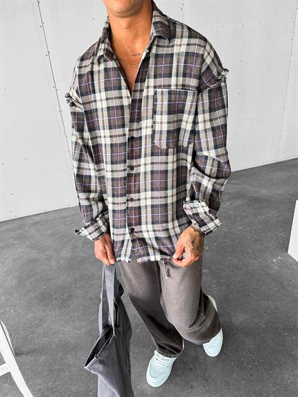 Erkek Oversize Ekose Çizgili Kareli Cepli Uzun Kollu Gömlek Kahverengi