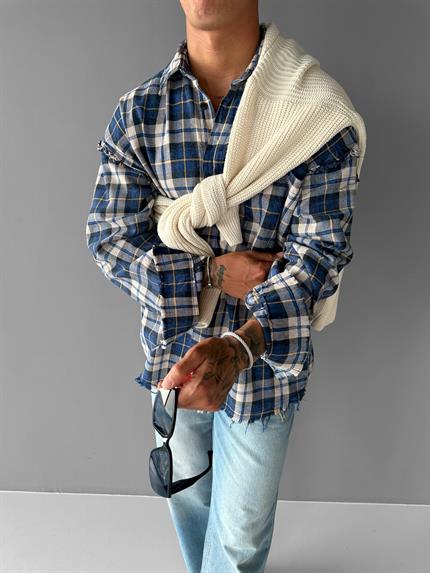 Erkek Oversize Ekose Çizgili Kareli Cepli Uzun Kollu Gömlek Mavi