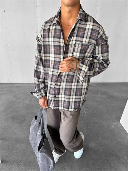 Erkek Oversize Ekose Çizgili Kareli Cepli Uzun Kollu Gömlek Kahverengi