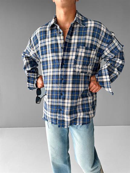 Erkek Oversize Ekose Çizgili Kareli Cepli Uzun Kollu Gömlek Mavi
