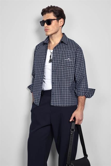 Erkek Boxy Fit Oversize Ekose Uzun Kollu Gömlek Lacivert