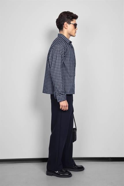 Erkek Boxy Fit Oversize Ekose Uzun Kollu Gömlek Lacivert