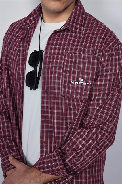 Erkek Boxy Fit Oversize Ekose Uzun Kollu Gömlek Bordo