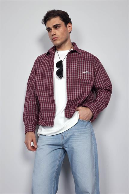 Erkek Boxy Fit Oversize Ekose Uzun Kollu Gömlek Bordo