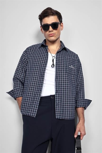 Erkek Boxy Fit Oversize Ekose Uzun Kollu Gömlek Lacivert