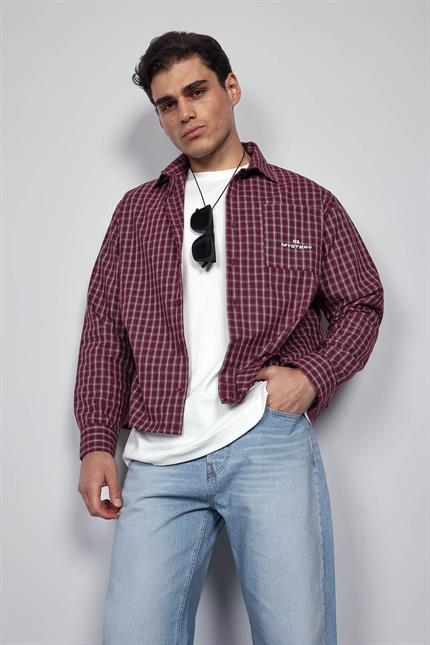 Erkek Boxy Fit Oversize Ekose Uzun Kollu Gömlek Bordo