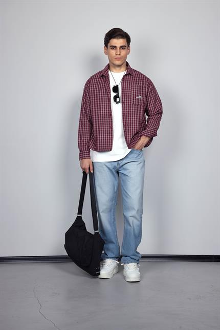 Erkek Boxy Fit Oversize Ekose Uzun Kollu Gömlek Bordo