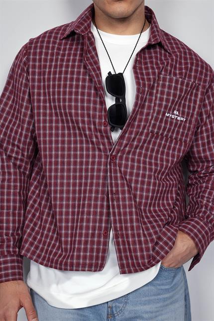 Erkek Boxy Fit Oversize Ekose Uzun Kollu Gömlek Bordo