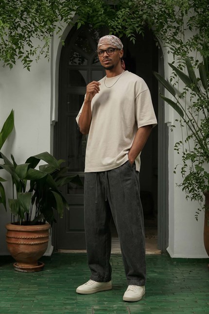 Erkek Oversize Esnek Kumaş Basic T-Shirt Bej