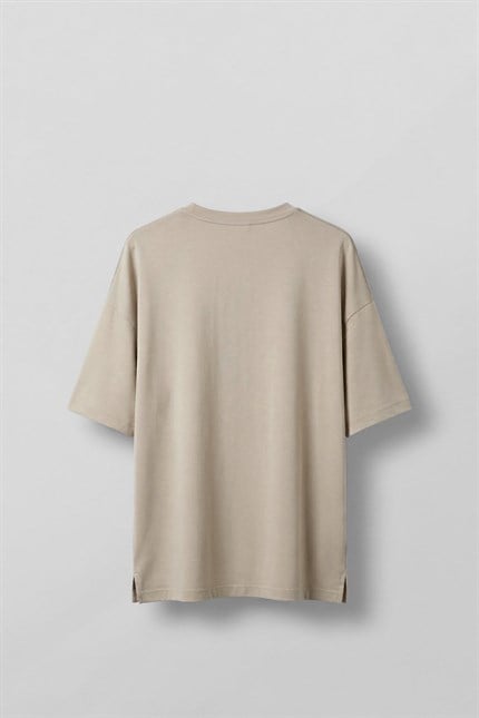 Erkek Oversize Esnek Kumaş Basic T-Shirt Bej