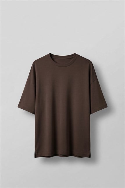 Erkek Oversize Esnek Kumaş Basic T-Shirt Kahverengi