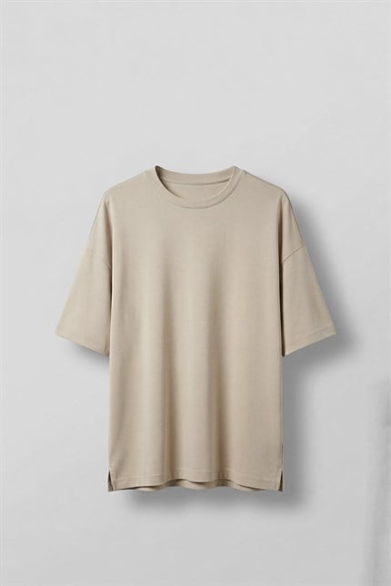 Erkek Oversize Esnek Kumaş Basic T-Shirt Bej