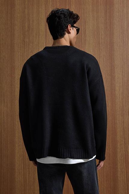 Erkek Oversize Essential Örme Kazak %100 Pamuk Siyah