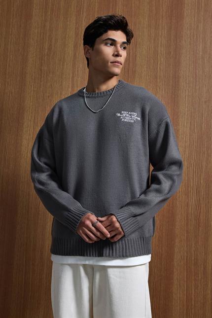 Erkek Oversize Essential Örme Kazak %100 Pamuk Gri