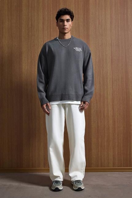 Erkek Oversize Essential Örme Kazak %100 Pamuk Gri