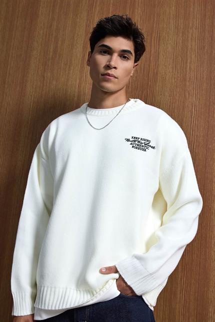 Erkek Oversize Essential Örme Kazak %100 Pamuk Ekru