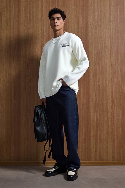 Erkek Oversize Essential Örme Kazak %100 Pamuk Ekru