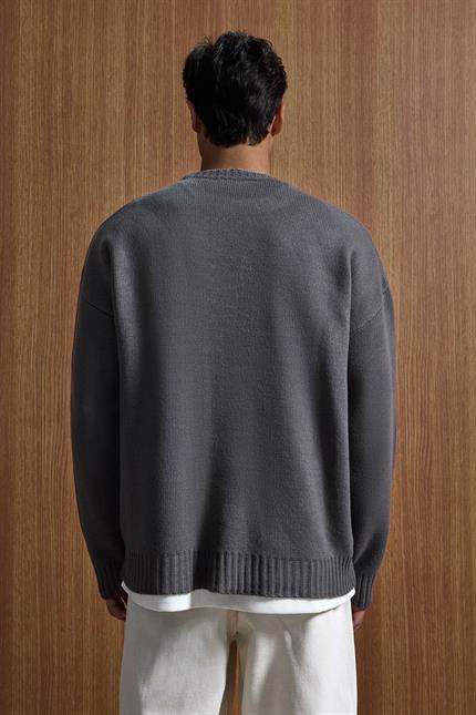Erkek Oversize Essential Örme Kazak %100 Pamuk Gri