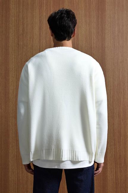 Erkek Oversize Essential Örme Kazak %100 Pamuk Ekru