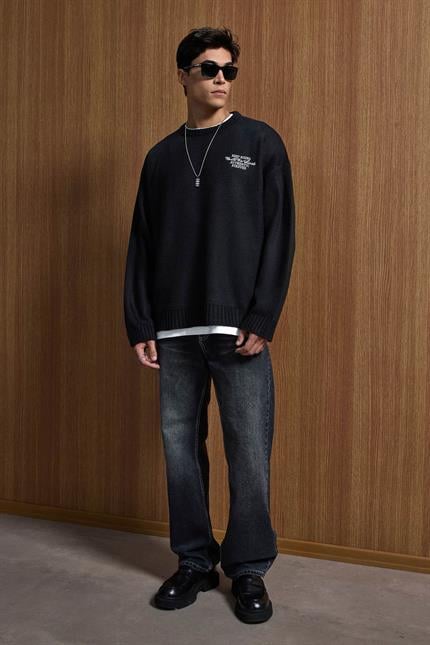 Erkek Oversize Essential Örme Kazak %100 Pamuk Siyah
