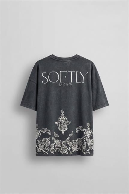 Erkek Oversize Etknik Desen Baskılı Yıkamalı T-Shirt Antrasit