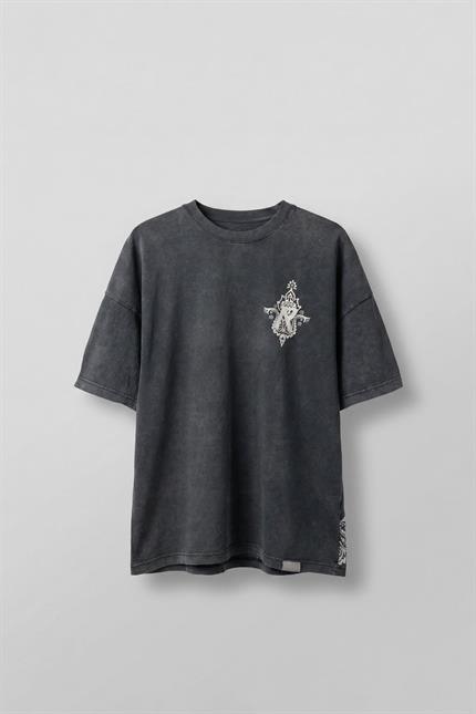 Erkek Oversize Etknik Desen Baskılı Yıkamalı T-Shirt Antrasit